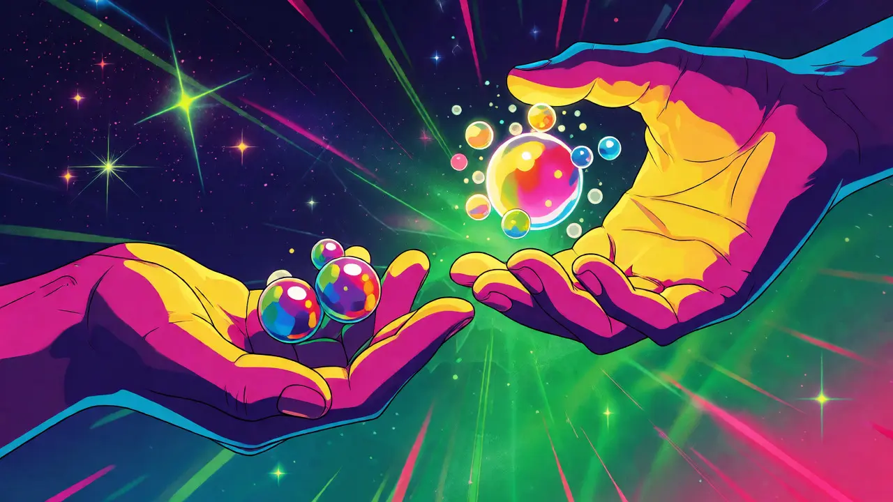 Abstract hands exchanging glowing token orbs against a cosmic background