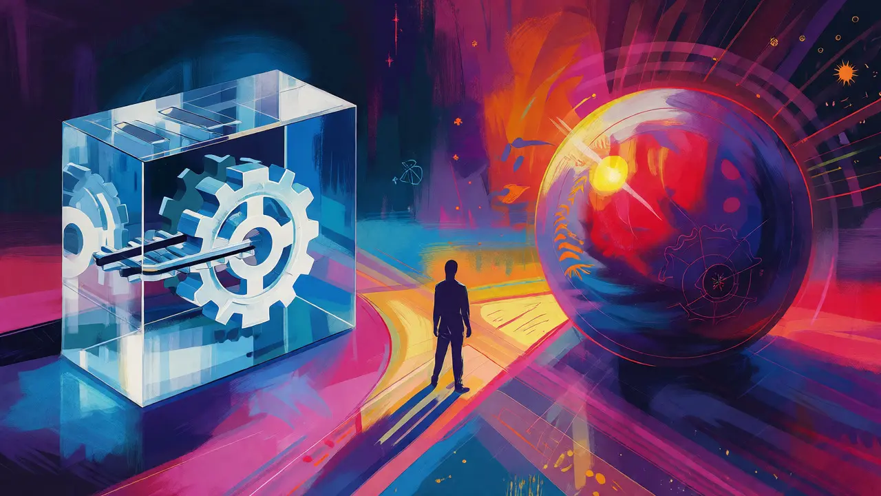 Abstract split-scene art contrasting transparent blockchain blocks with opaque privacy orbs