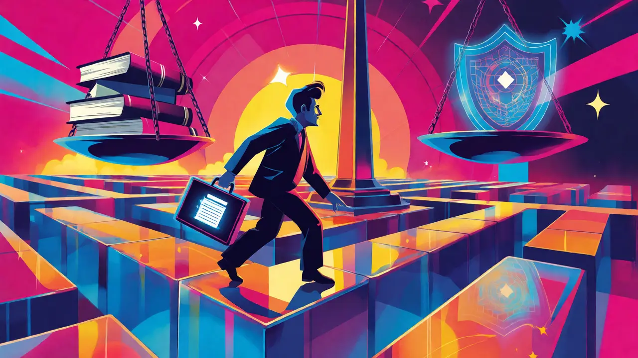 Business figure navigating a colorful regulatory maze with legal scales