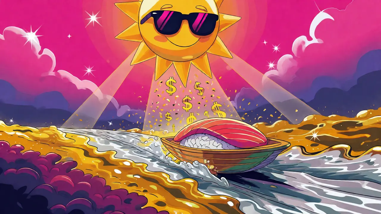 Cartoon sushi boat gliding on a golden river under a vibrant sun
