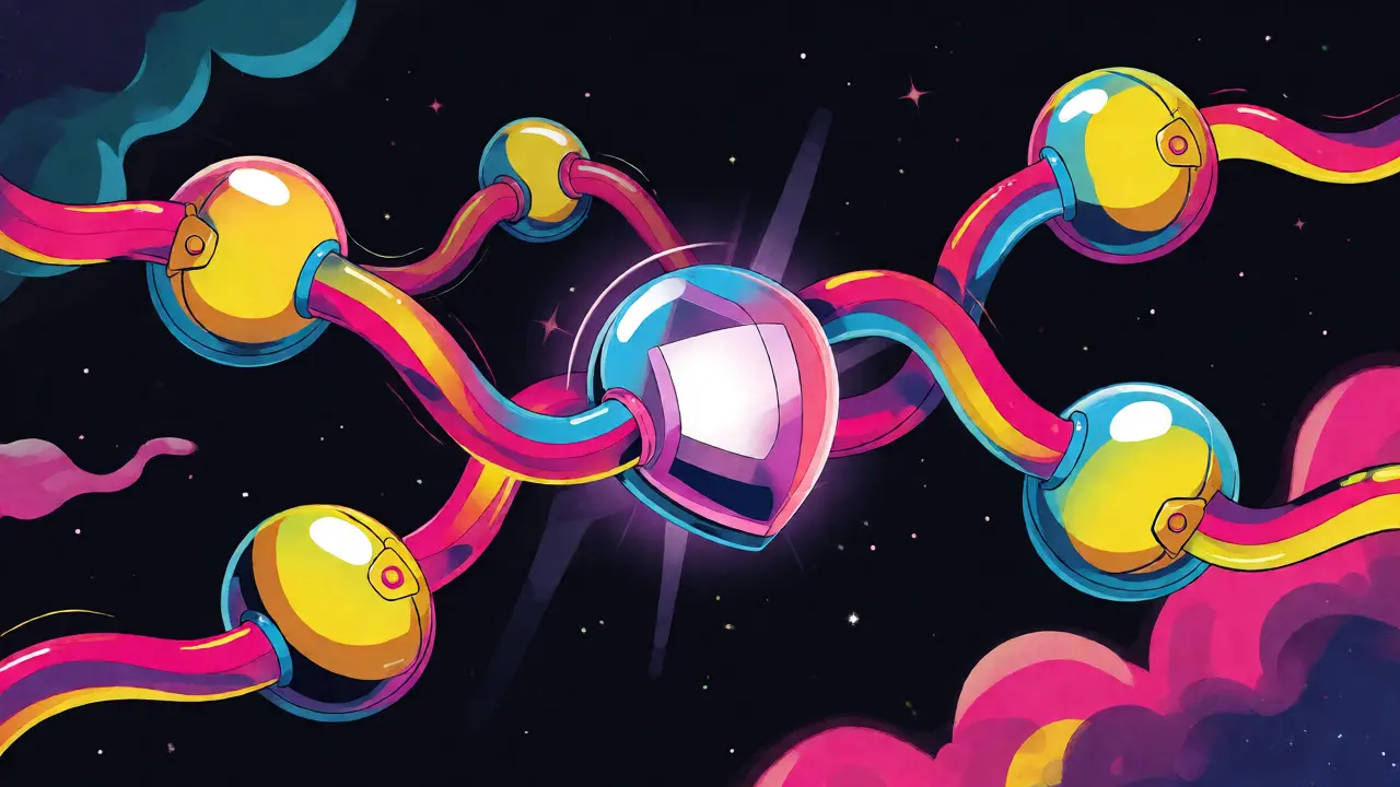 Colorful cartoon depiction of wallets connecting through a shuffling network of energy tubes.