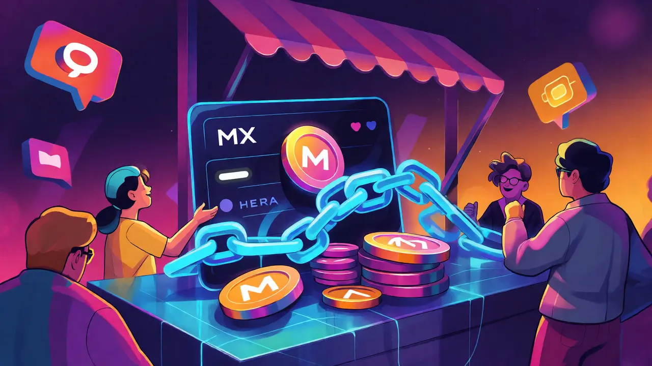 Colorful cartoon illustration of digital wallets and blockchain chains representing the MEXC campaign.