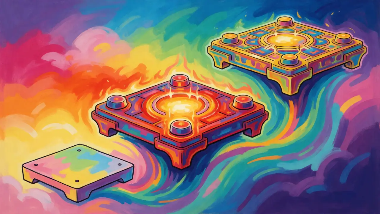 Colorful floating platforms illustrating crypto license tiers in vibrant art.