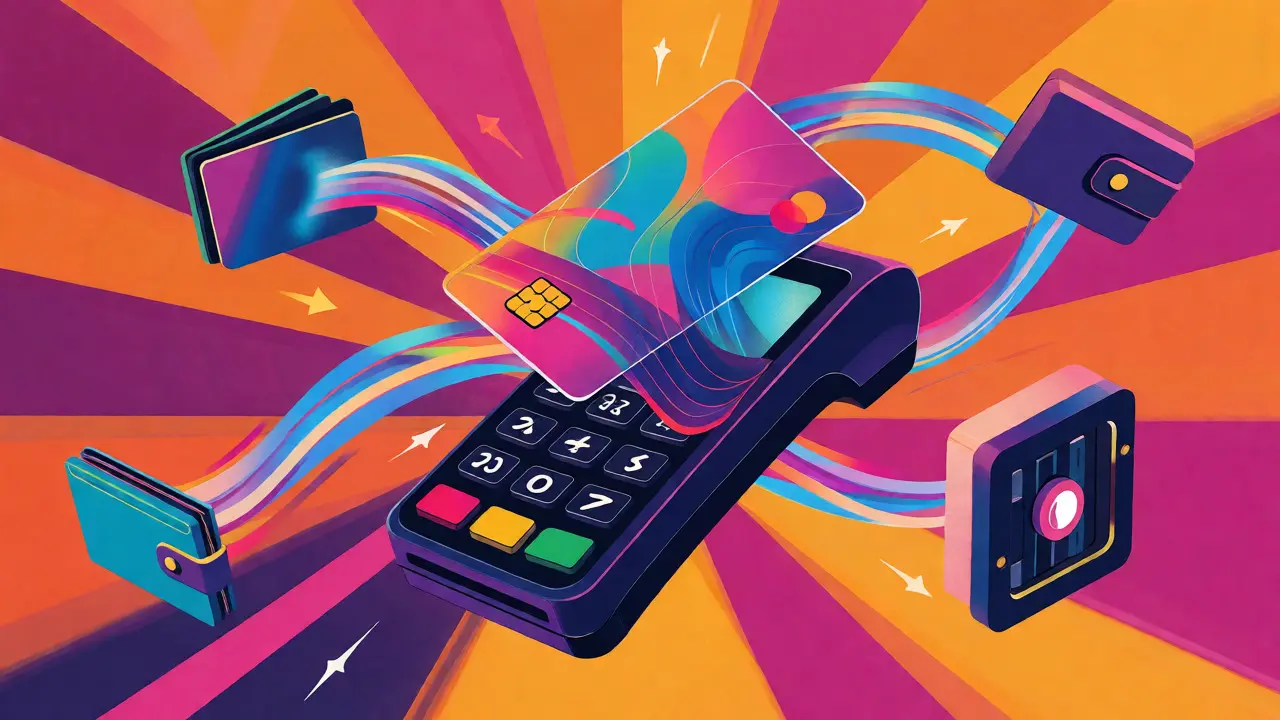 Colorful graphic of fintech tools like cards and POS terminals connected by light
