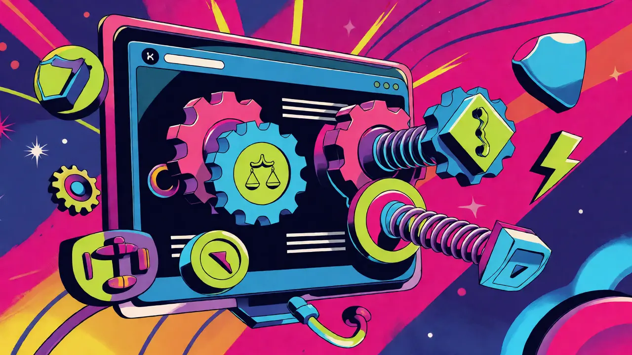 Colorful modular hooks attaching to a central DeFi interface in a psychedelic Peter Max art style.