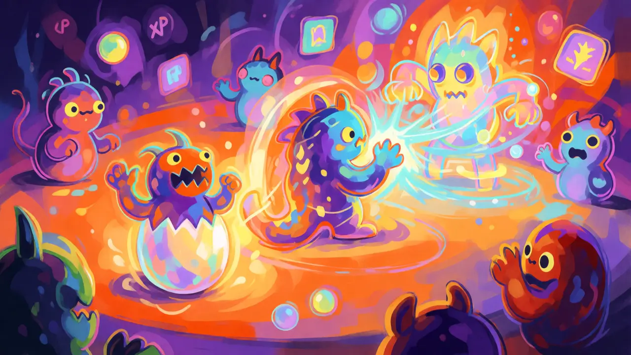 Colorful Peter Max artwork showing multiversal monsters battling in a digital arena for VERSE rewards.