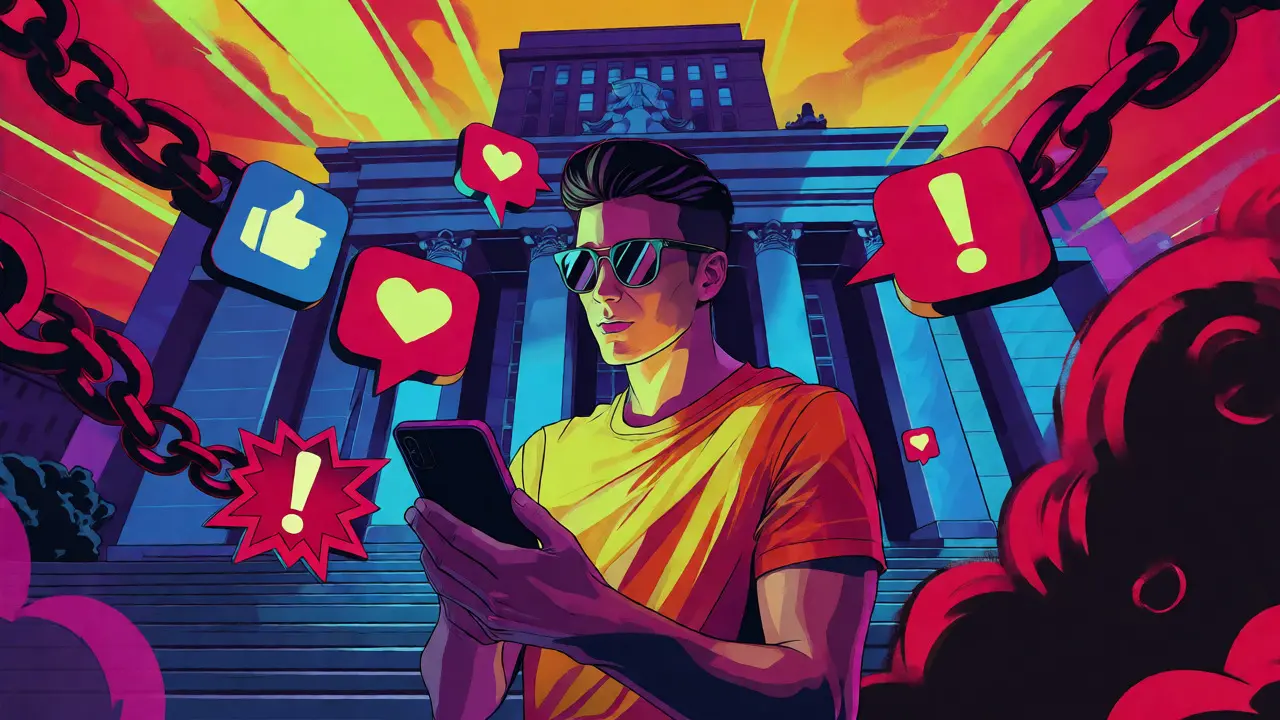 Comic style influencer surrounded by social media icons transforming into shackles and warnings