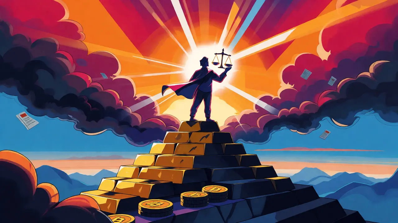 Confident figure on a crypto mountain holding justice scales against stormy audit clouds
