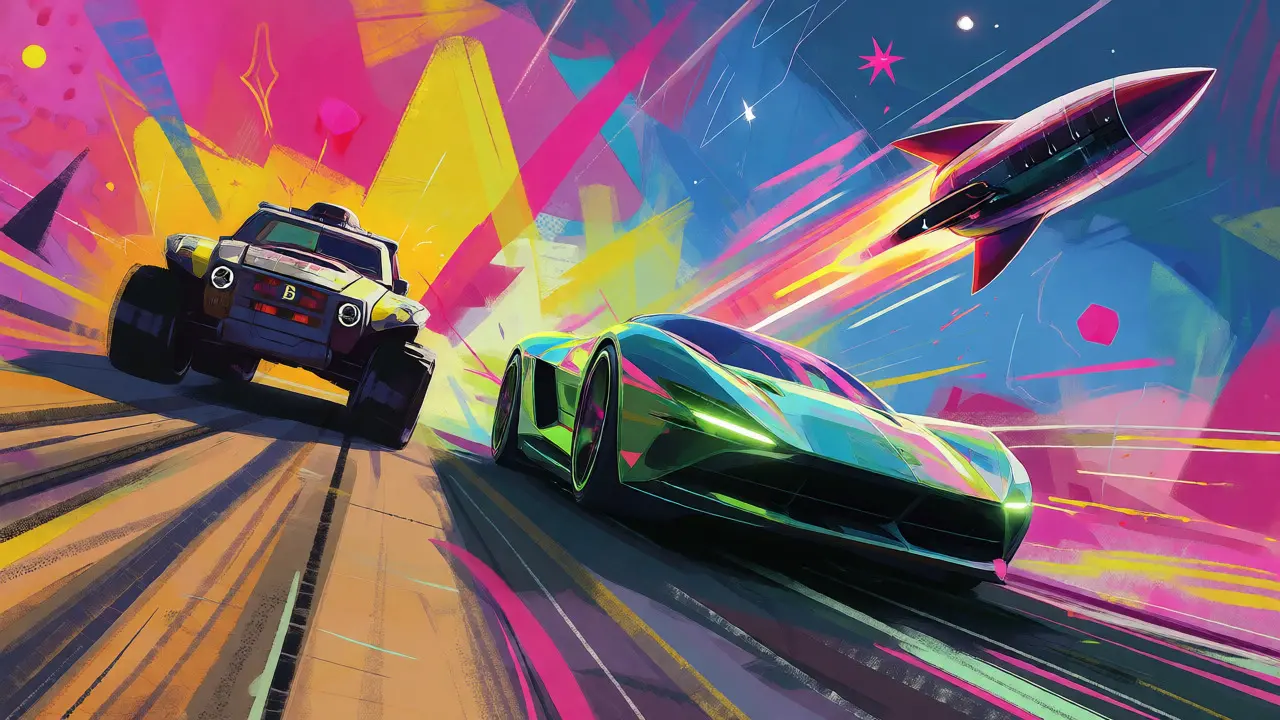 Dynamic cartoon race comparing slow armored vehicle, fast sports car, and rocket to represent blockchain speeds.