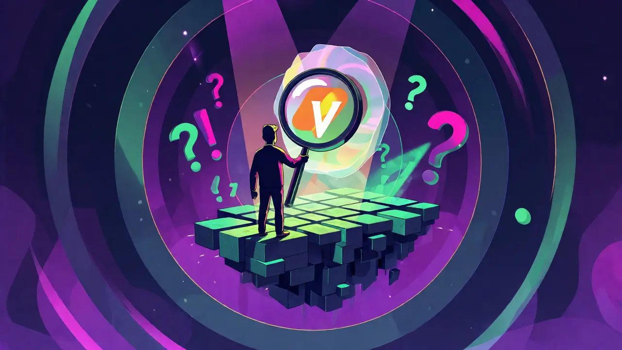 Figure examining a flickering BitClude logo amidst swirling abstract symbols.