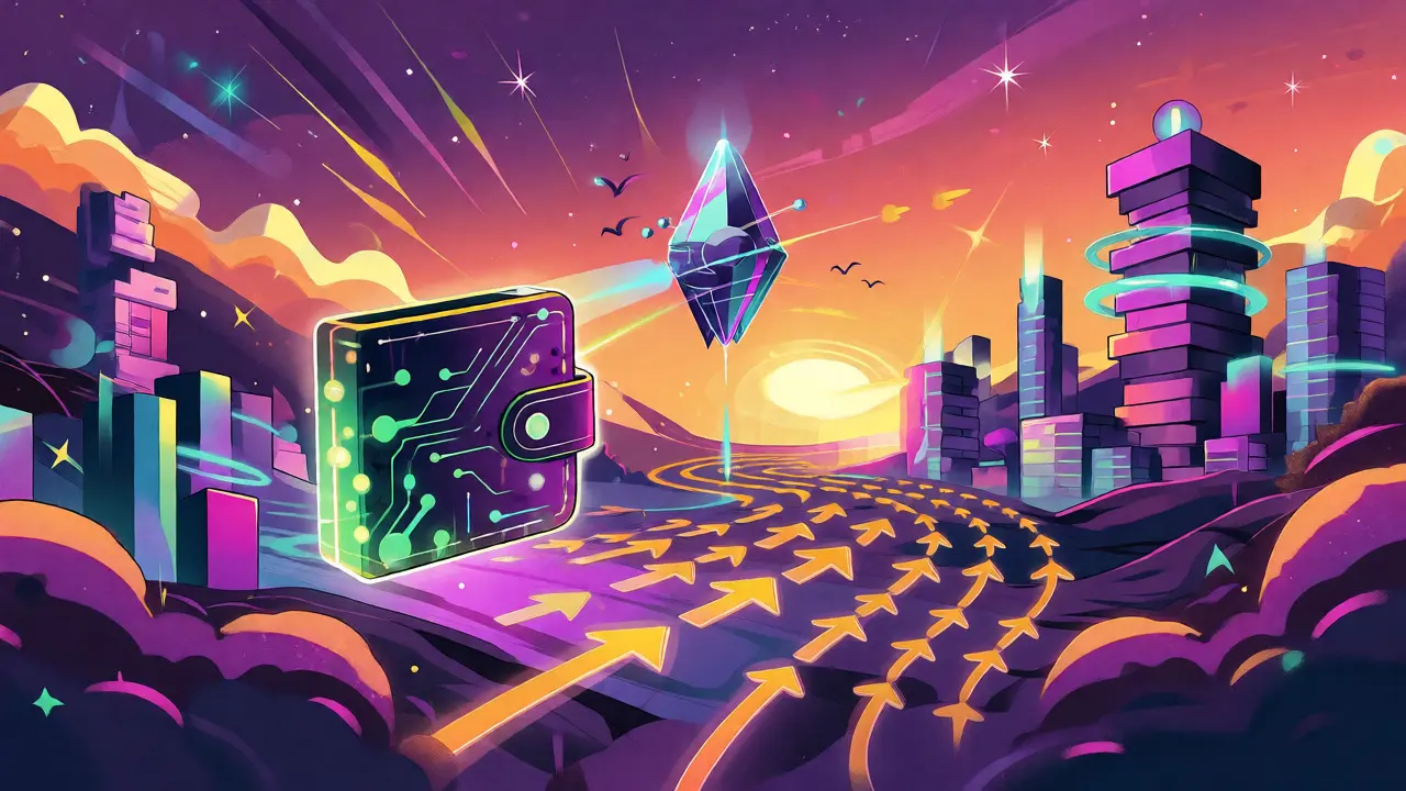 Futuristic wallet connecting to a staking crystal in a vibrant cosmic cityscape