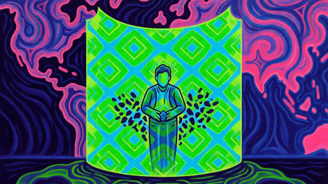 Geometric neon shield protecting a trader from market chaos in comic style.