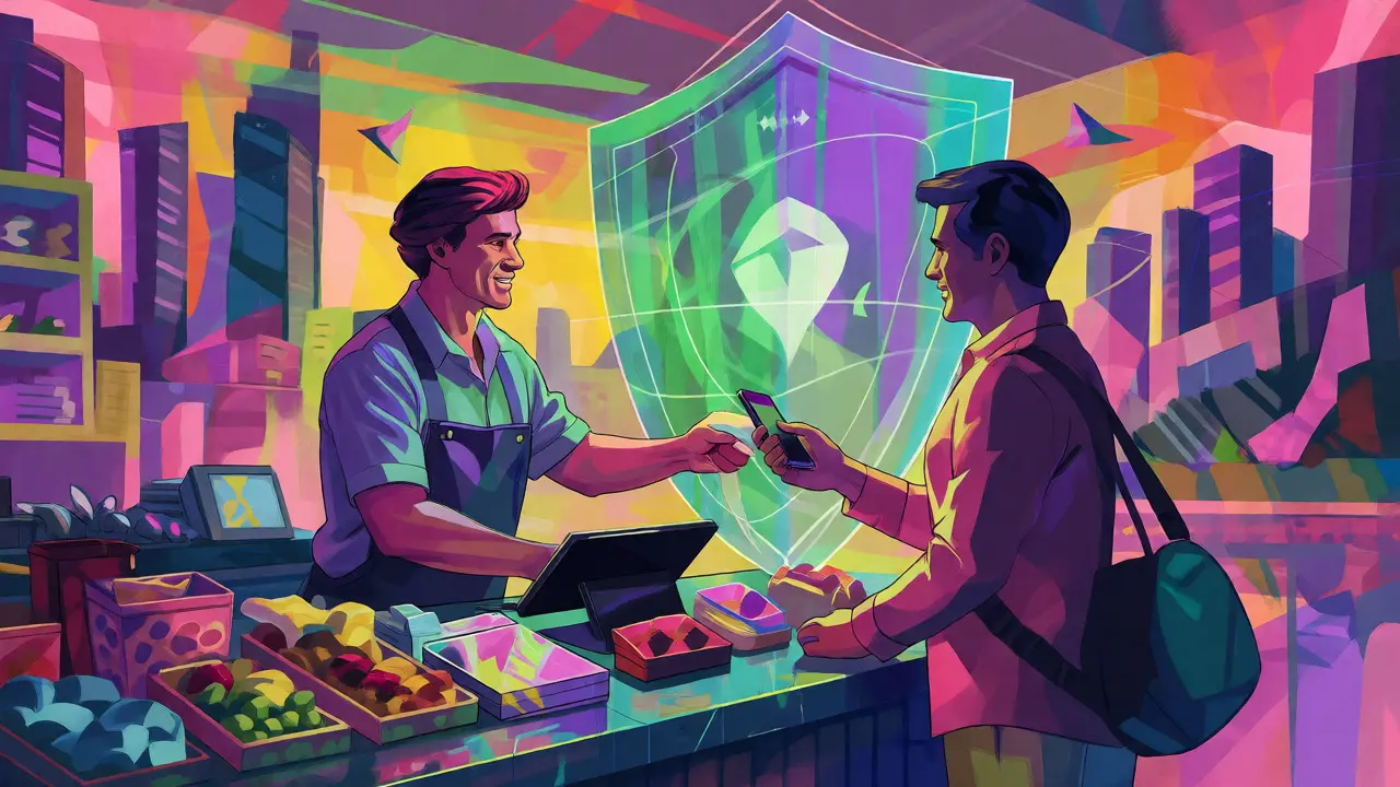 Merchant using digital payment system with vibrant geometric city background