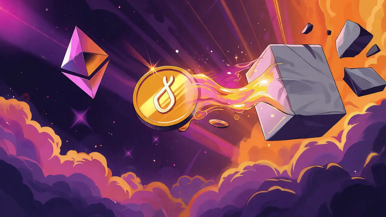 Native ETH transforming into liquid light while breaking free from a wrapper in a surreal Peter Max illustration.