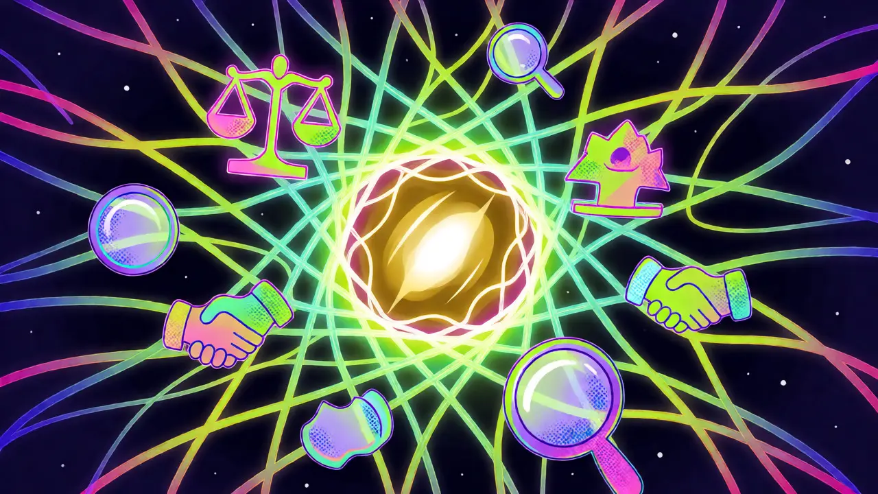Neon web protecting a central core symbolizing resilient crypto compliance