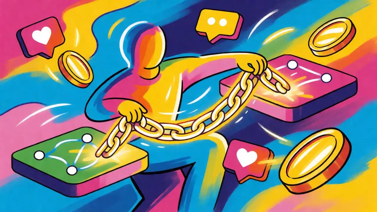 Peter Max style cartoon showing a user bridging networks with social interaction icons turning into gold coins.