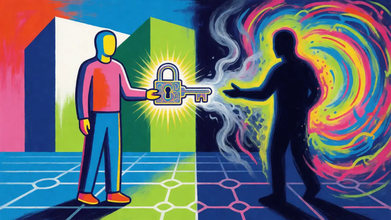 Peter Max style contrast between secure crypto trading and deceptive airdrop myths using bold colors.
