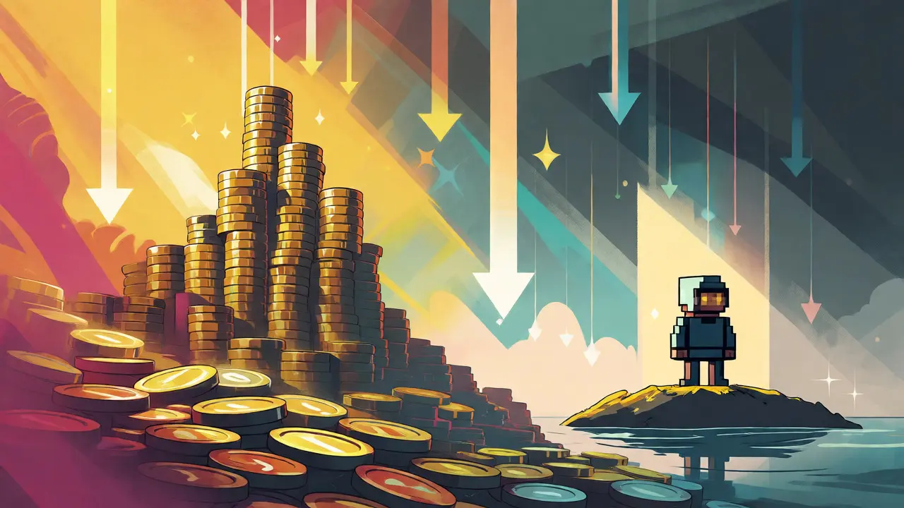 Psychedelic artwork contrasting a large coin pile with a lone hero to show the token price crash.