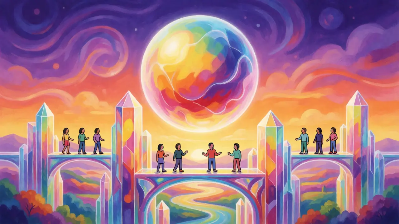 Psychedelic Peter Max style artwork of a glowing token orb above a crystal cityscape with connected community figures.