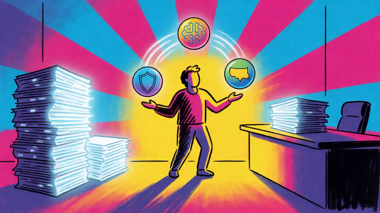 Stylized figure juggling AI, regulation, and state laws in vibrant cartoon art