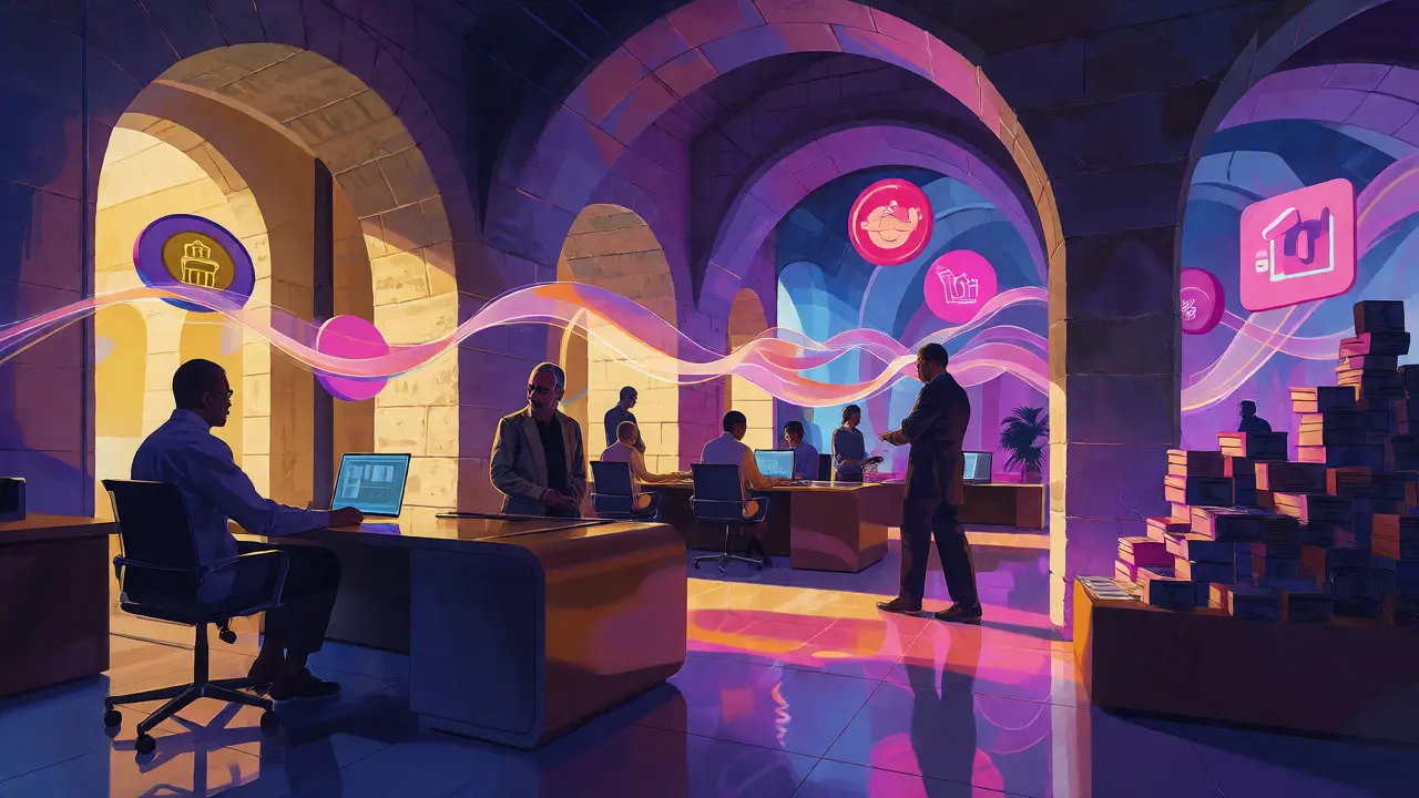 Stylized Maltese office scene with professionals and digital finance elements
