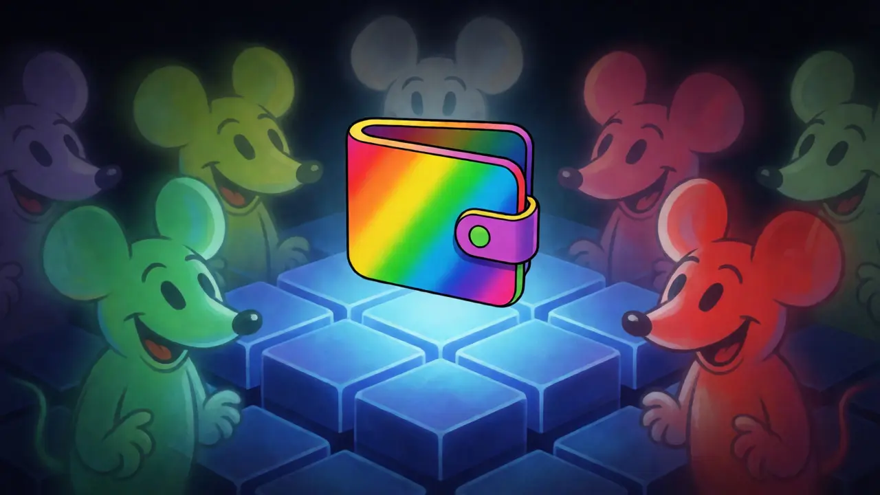 Stylized wallet and blockchain grid with multiple fading mouse silhouettes.