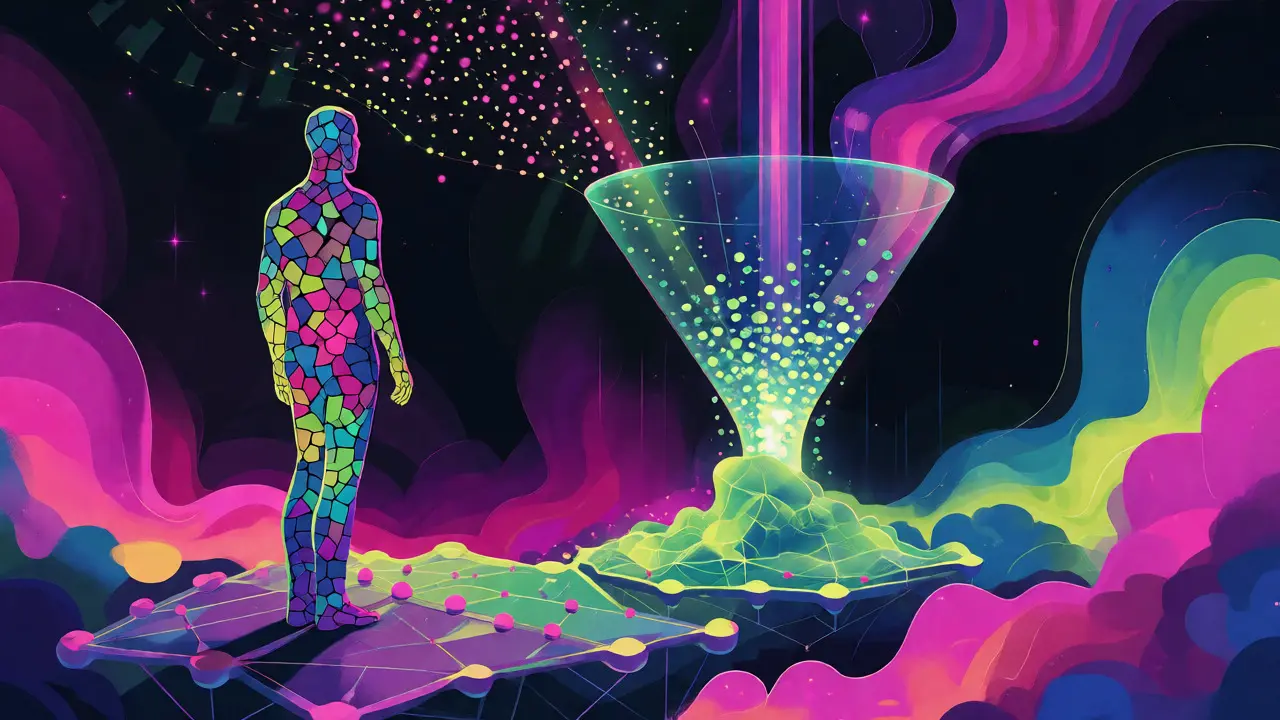 Surreal artwork of transactions being funneled into a single beam of light, illustrating Layer 2 scaling solutions.
