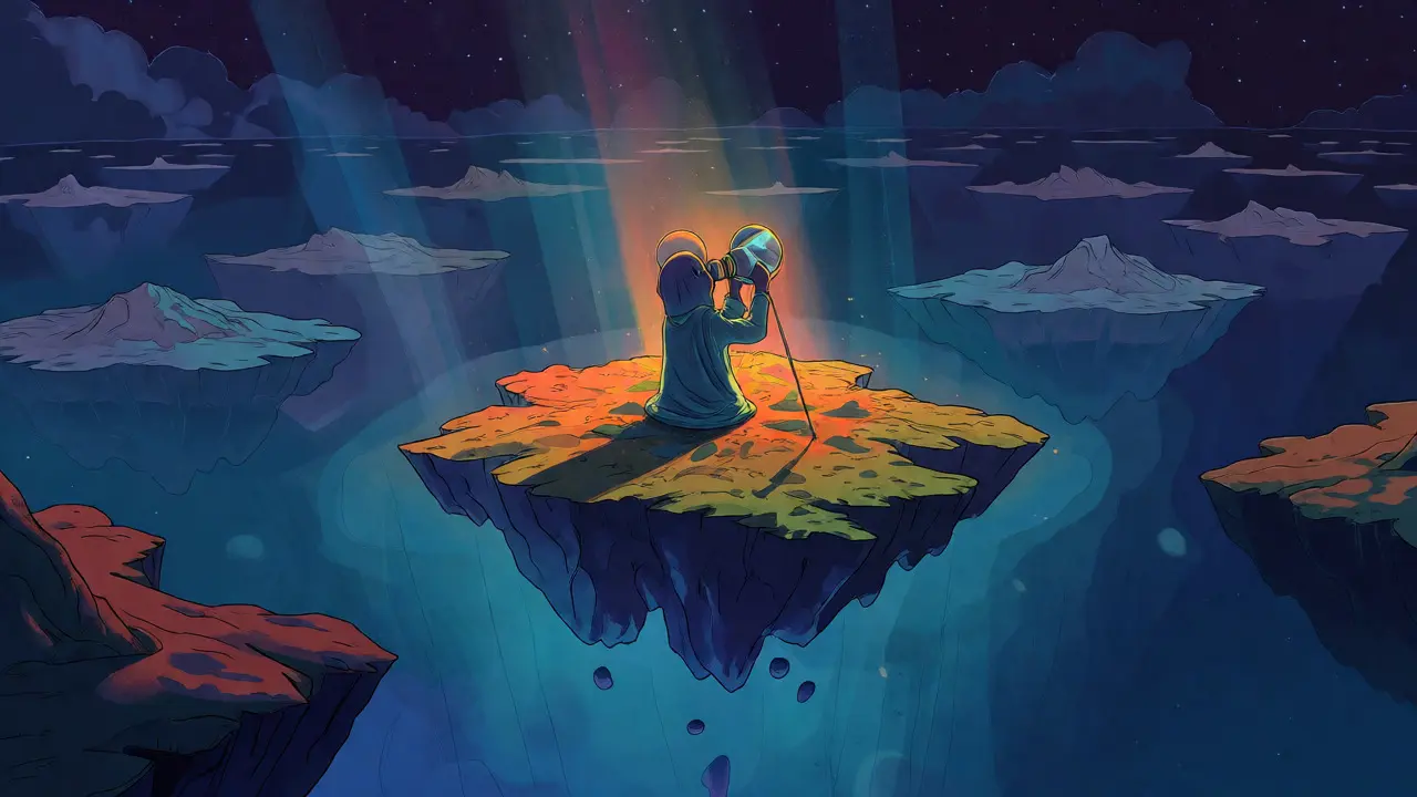 Surreal cartoon of a tiny isolated island in space, representing low liquidity and isolation.