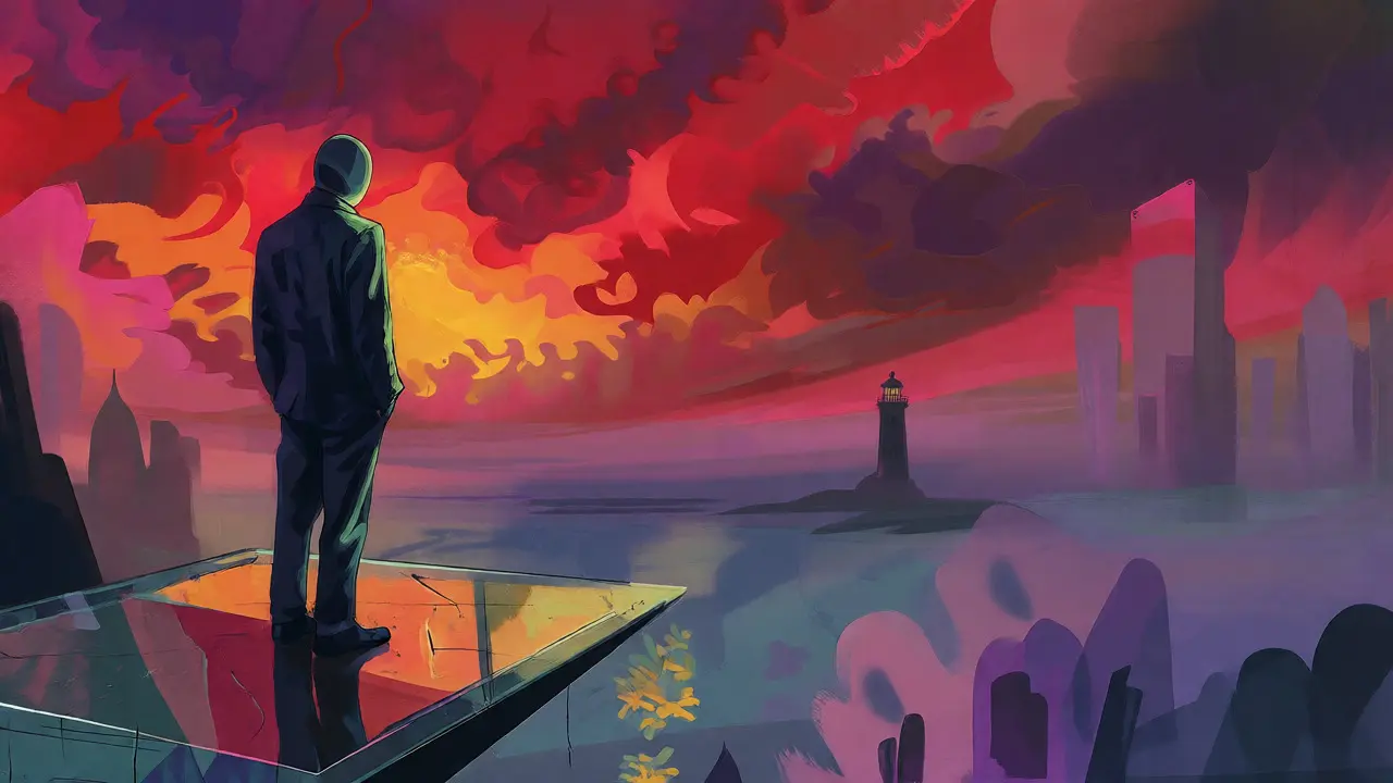 Surreal colorful landscape with a figure facing a misty, uncertain horizon