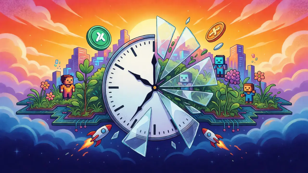 Surreal depiction of Brokoli tokenomics, vesting clocks, and metaverse