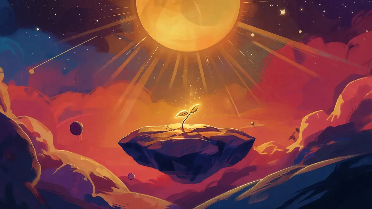 Surreal Peter Max art showing a small glowing plant growing under a radiant sun in space.
