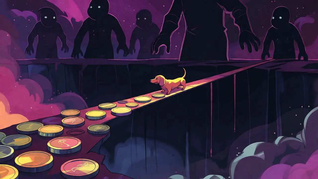 Tiny dog on bridge with giant shadows
