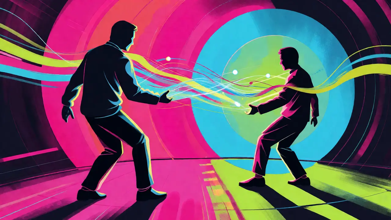 Two figures connected by light ribbons illustrating copy trading in vibrant psychedelic art.