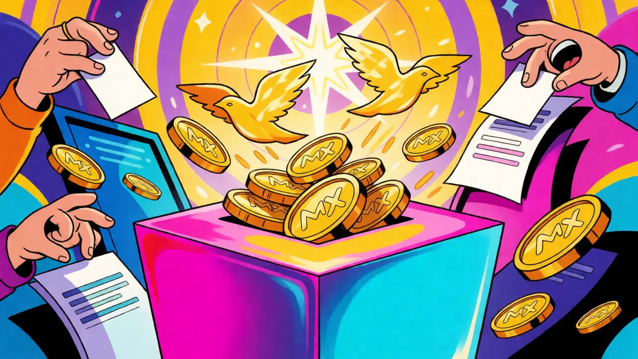 Vibrant artwork of MEXC vote-to-win airdrop with flying tokens