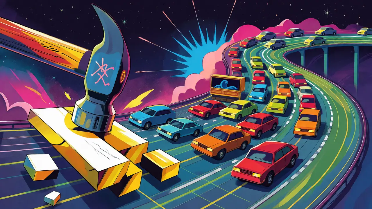 Vibrant cartoon showing Bitcoin halving and network congestion with fee tolls.