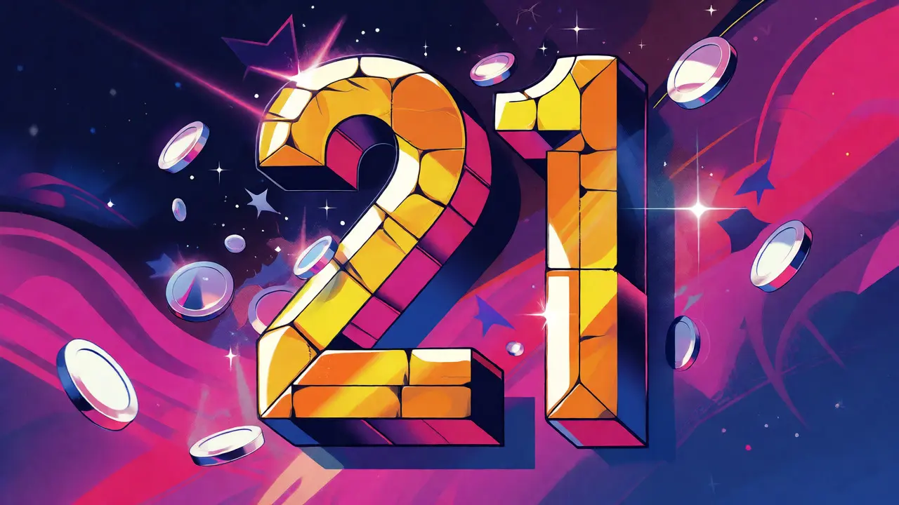 Vibrant illustration of a large number 21 surrounded by fading crypto tokens