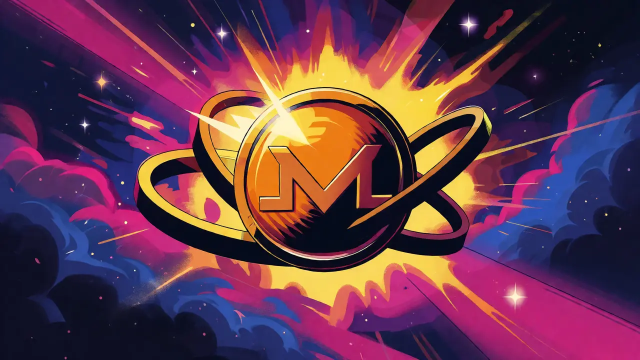Vibrant Peter Max style artwork depicting a glowing coin protected by cryptographic rings