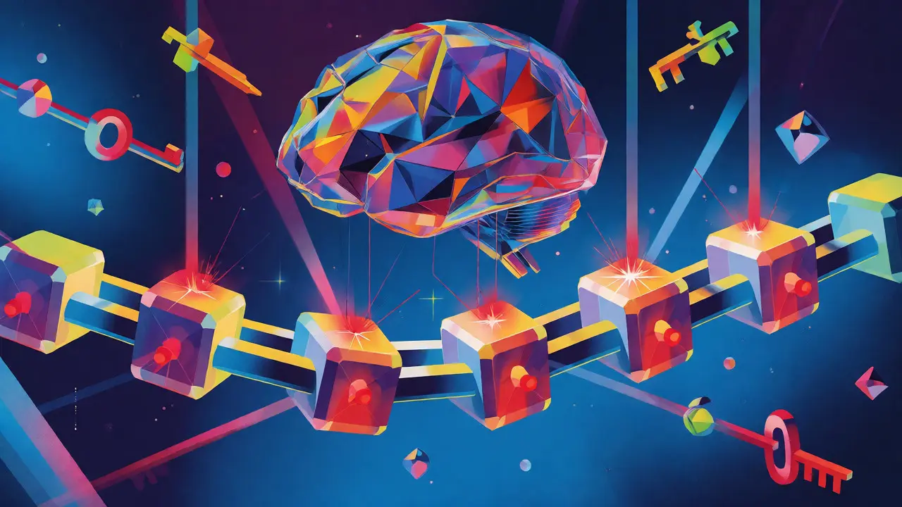 Abstract AI brain connecting to blockchain blocks with colorful light beams