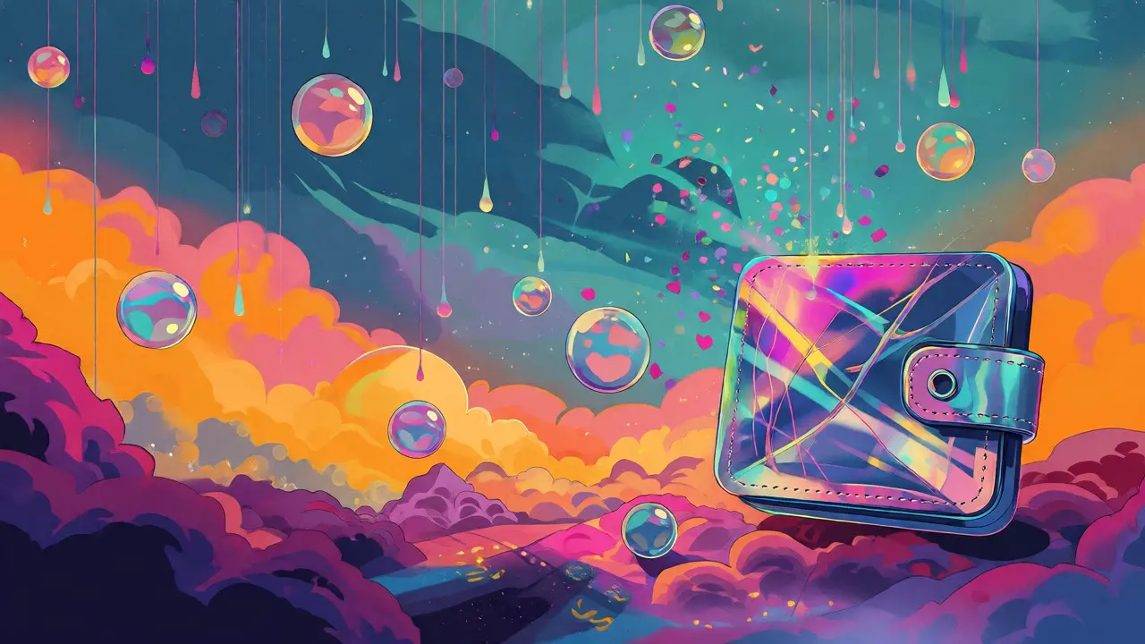 Abstract art depicting airdrop bubbles and digital wallets in vivid colors