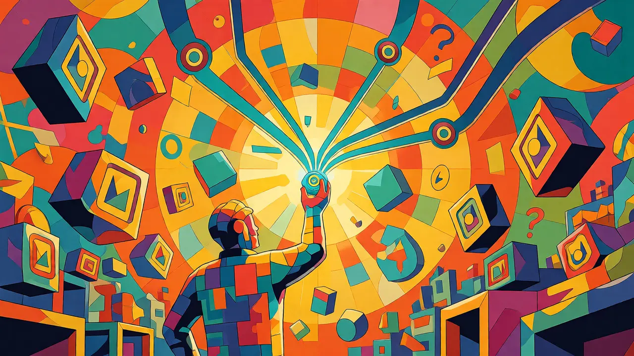 Abstract cartoon scene showing DJ nodes and investment choices in vibrant colors