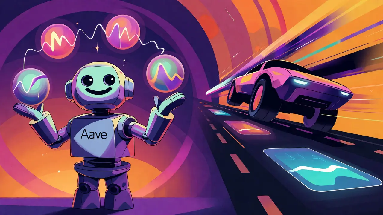 Abstract cartoon showing lending robots and trading vehicles in a colorful cosmos.