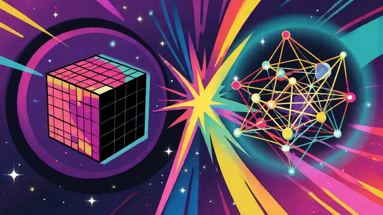 Abstract comparison of Hyperliquid and HyperGraph projects in vibrant Peter Max style.