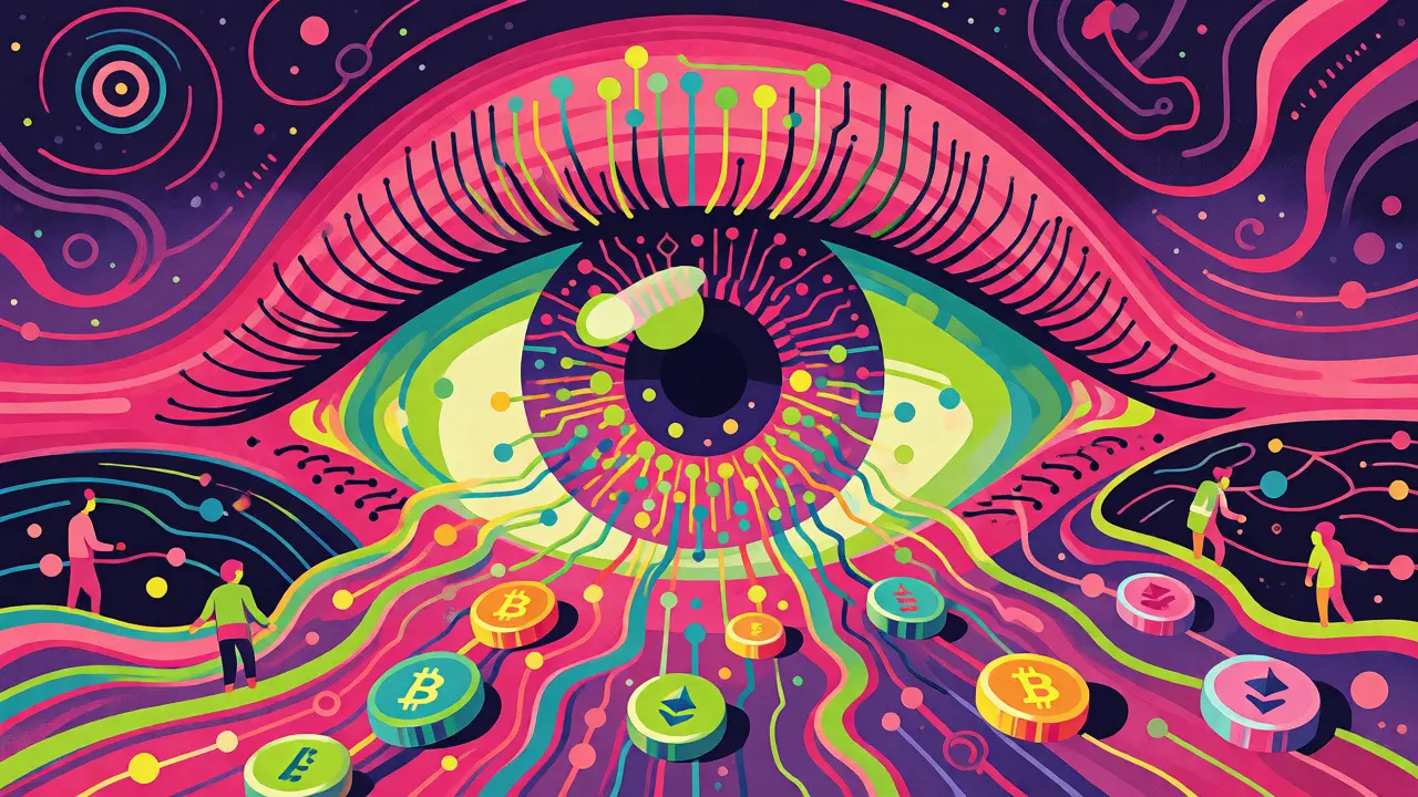 Abstract digital eye scanning colorful crypto tokens in a Peter Max style.