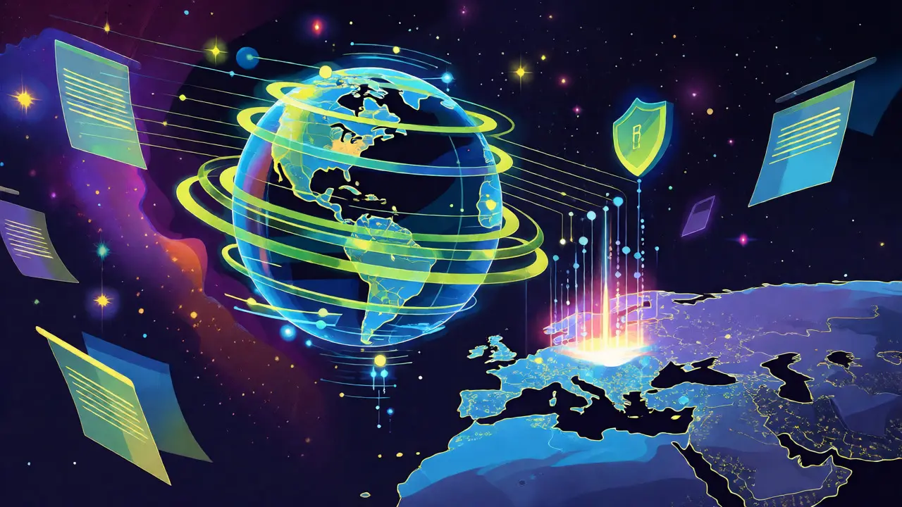 Abstract globe with data streams flowing to Dubai, symbolizing global crypto compliance and connectivity.