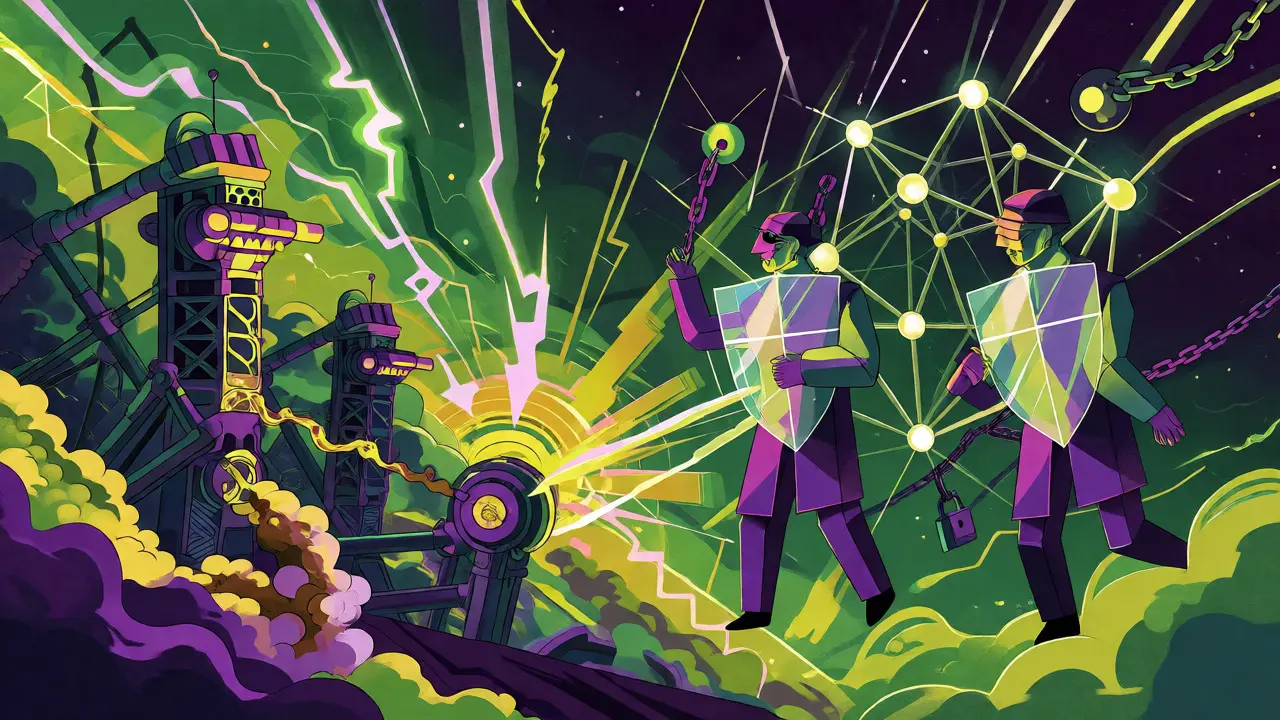 Abstract illustration contrasting wild crypto mining with tightly regulated trading networks.