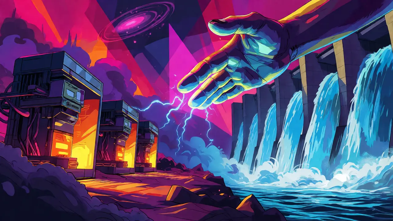 Abstract illustration of hydroelectric dams restricting power to crypto miners