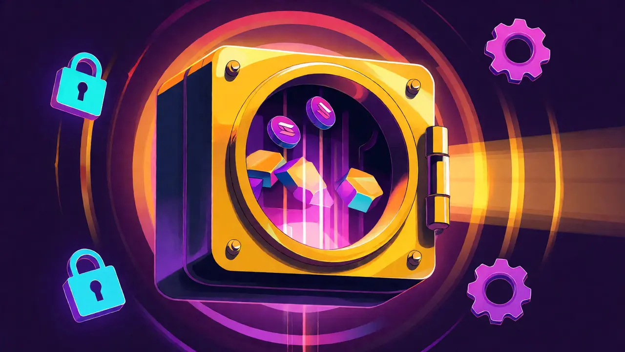 Abstract Peter Max art of a glowing vault accumulating staking rewards