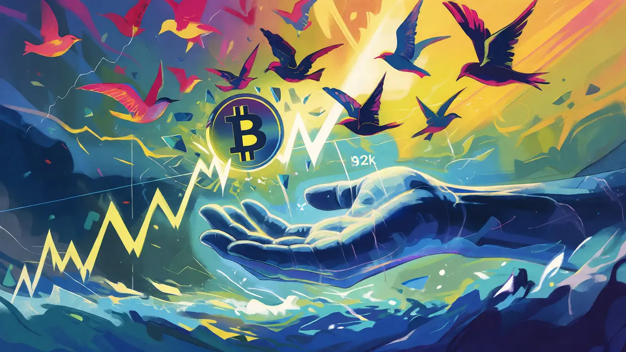 Bitcoin approaching resistance with swarming birds and a calming hand below.