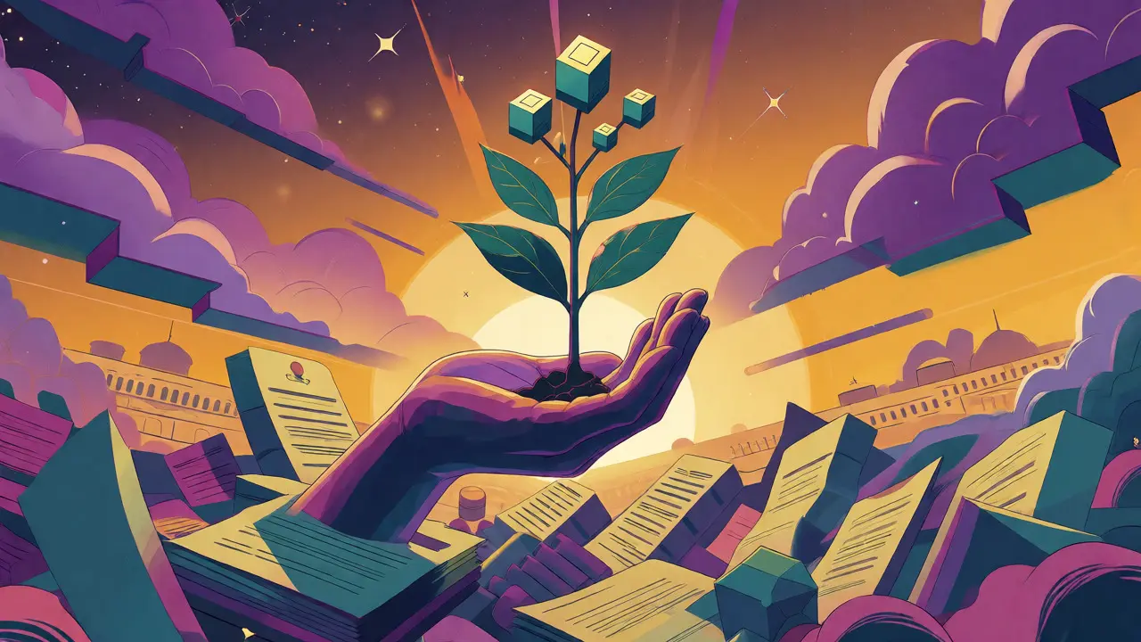 Blockchain plant growing from legal documents