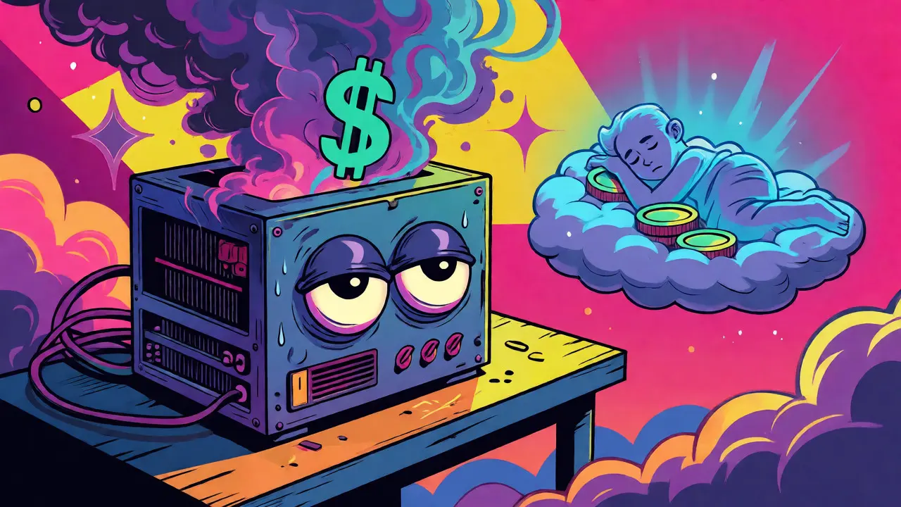 Cartoon of a sweating mining rig next to a person sleeping on crypto coins.